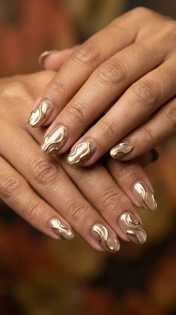 Mocha Chrome Nails with Gold Details