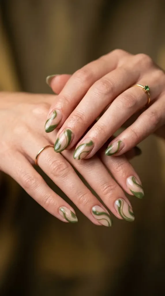 Moss Green Swirl Nails