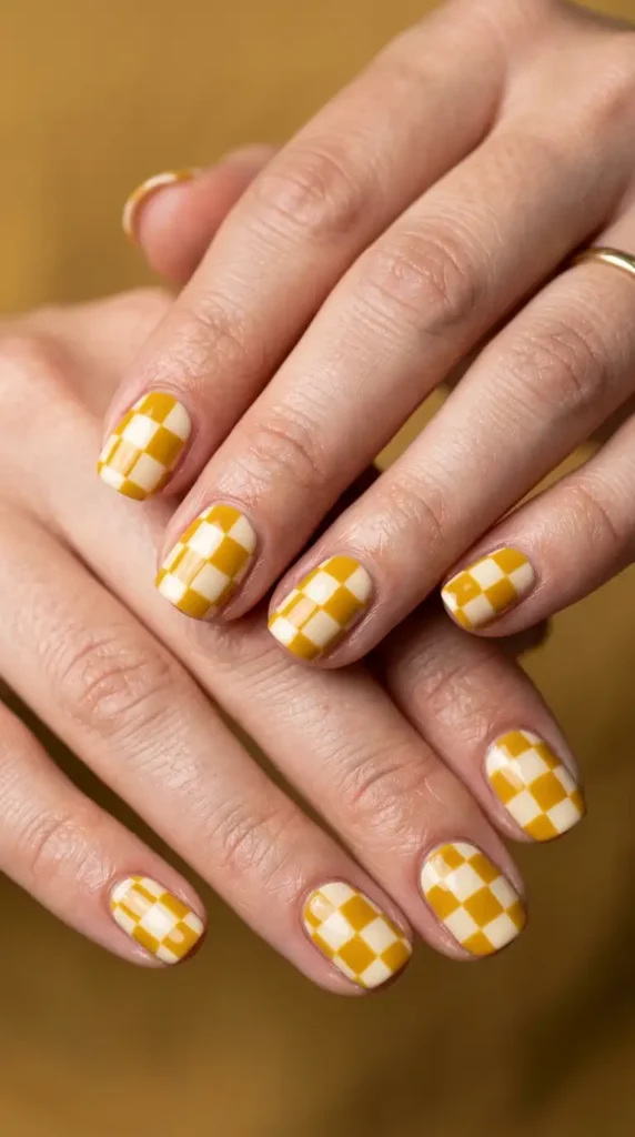 Mustard and Cream Checkerboard Nails