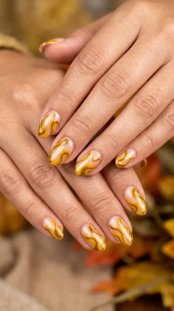 Mustard Yellow Swirl Nails
