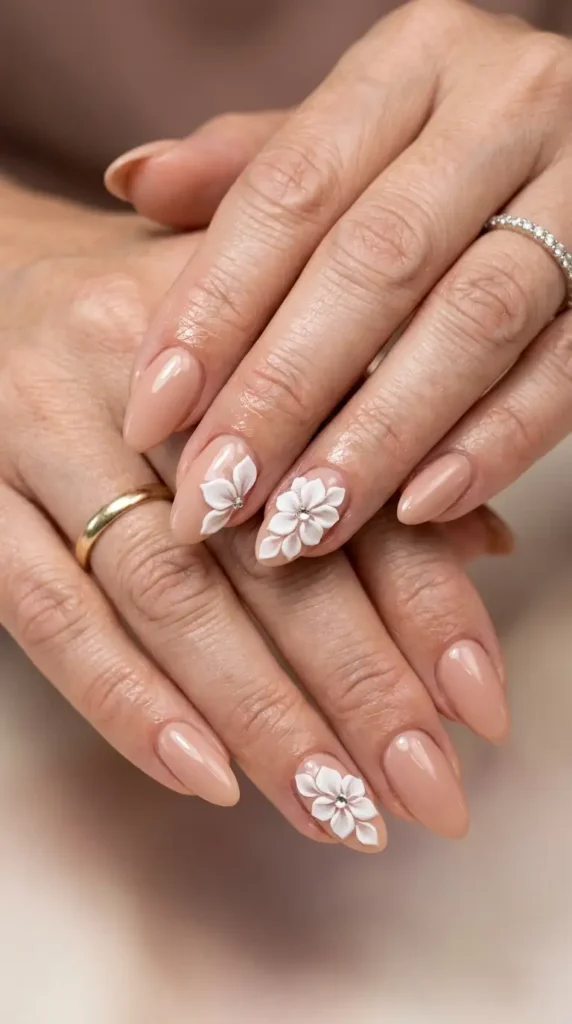 Nude Nails with 3D White Flowers