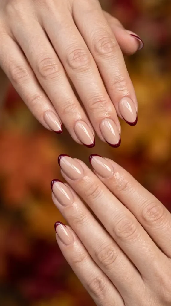 Nude Nails with Burgundy Micro-French Tips