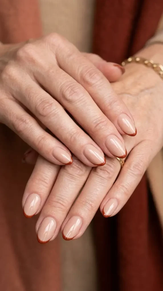 Nude Oval Nails with Rust-Colored Micro French Tips