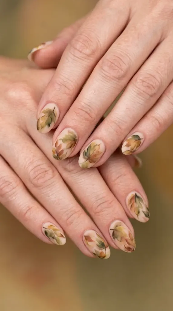 Olive and Brown Fall Leaf Oval Nails