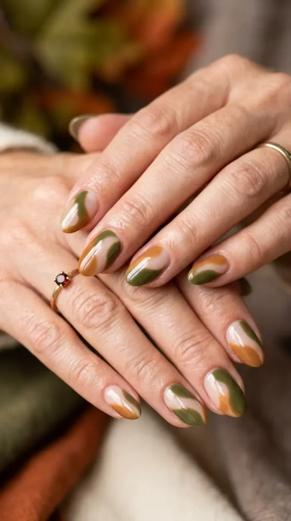 Olive Green and Caramel Abstract Oval Nails