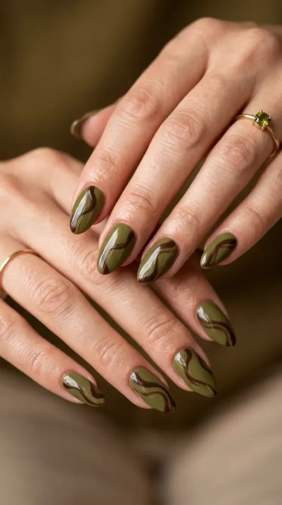 Olive Green and Chocolate Swirl Nails