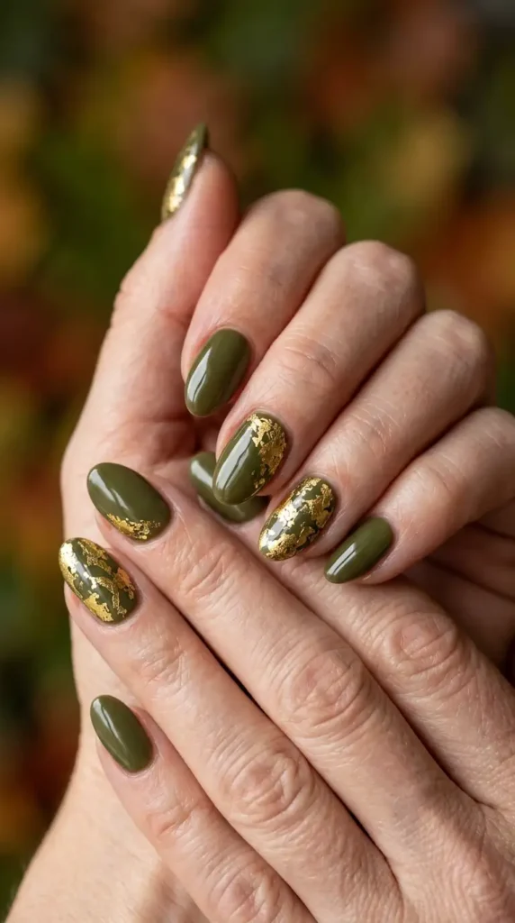 Olive Green and Gold Foil Nails