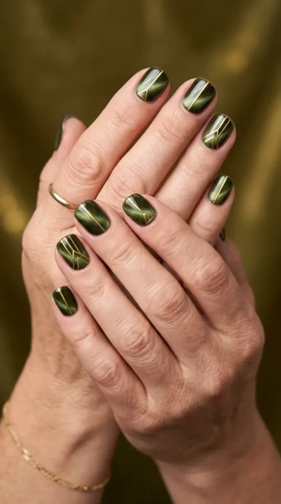 Olive Green Cat-Eye Nails with Gold Accents