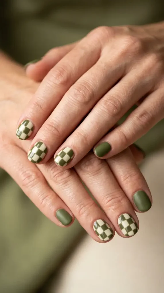 Olive Green Checkered Nails