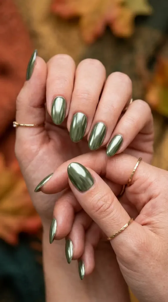 Olive Green Chrome Nails