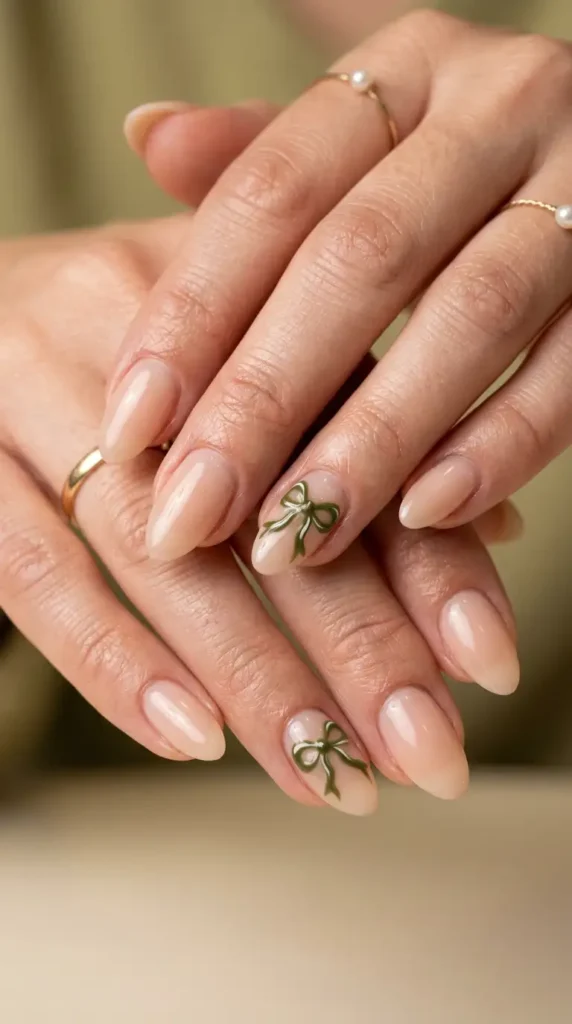 Olive Green Coquette Bow Nails