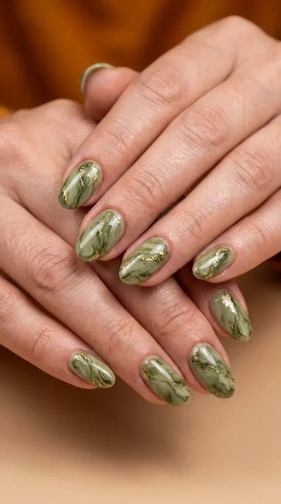 Olive Green Marble Nails