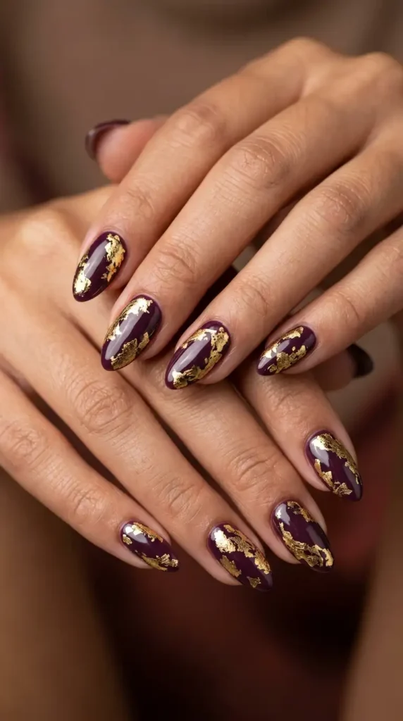 Plum and Gold Foil Autumn Nails