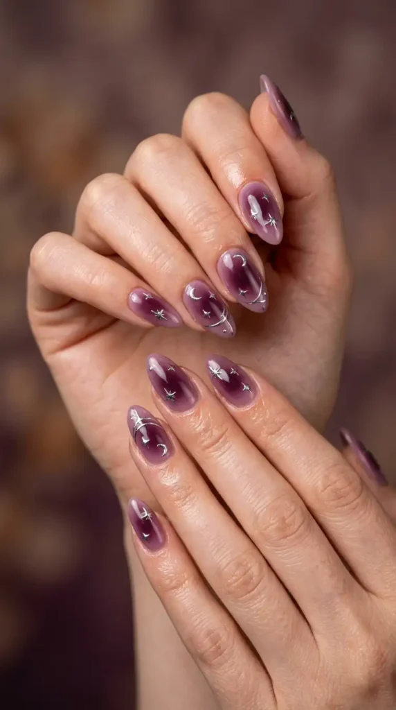 Plum Aura Nails with Chrome Accents