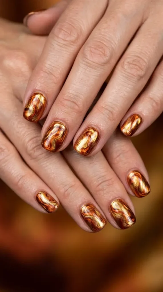 Rust and Gold Chrome Marble Nails