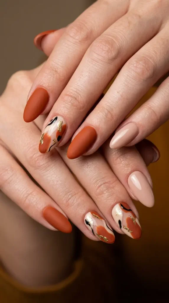 Rust Orange and Nude Abstract Nails