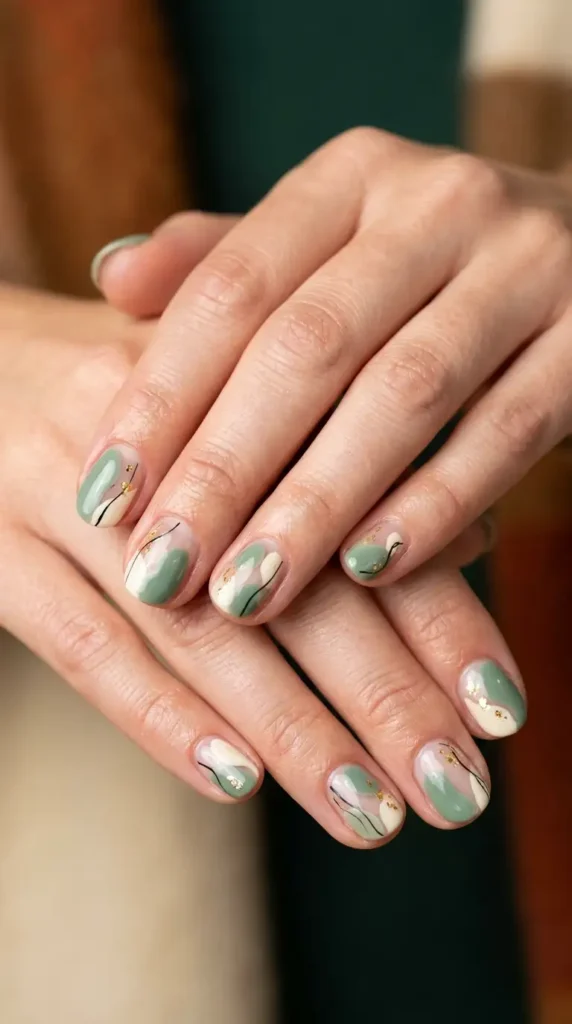 Sage and Cream Abstract Nails