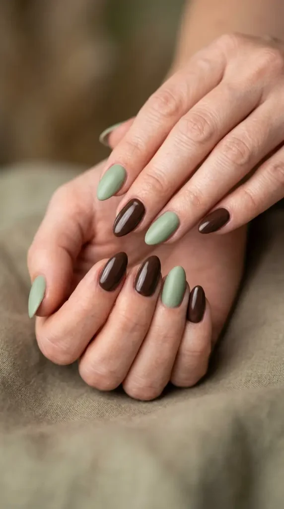 Sage Green and Chocolate Brown Nails