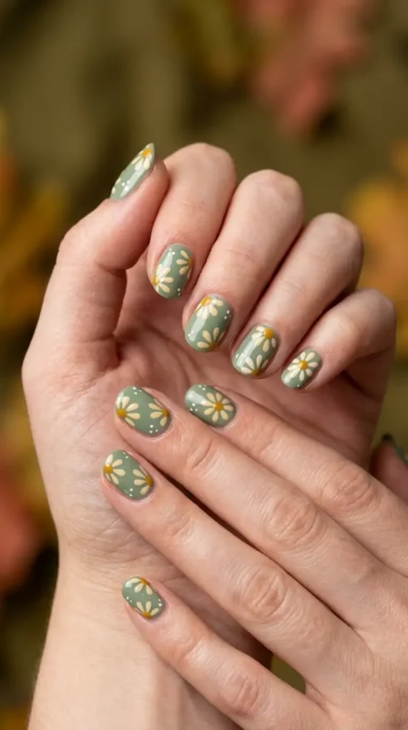 Sage Green Daisy Nails