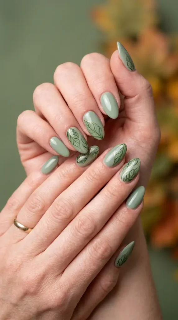Sage Green Leaf Accent Nails