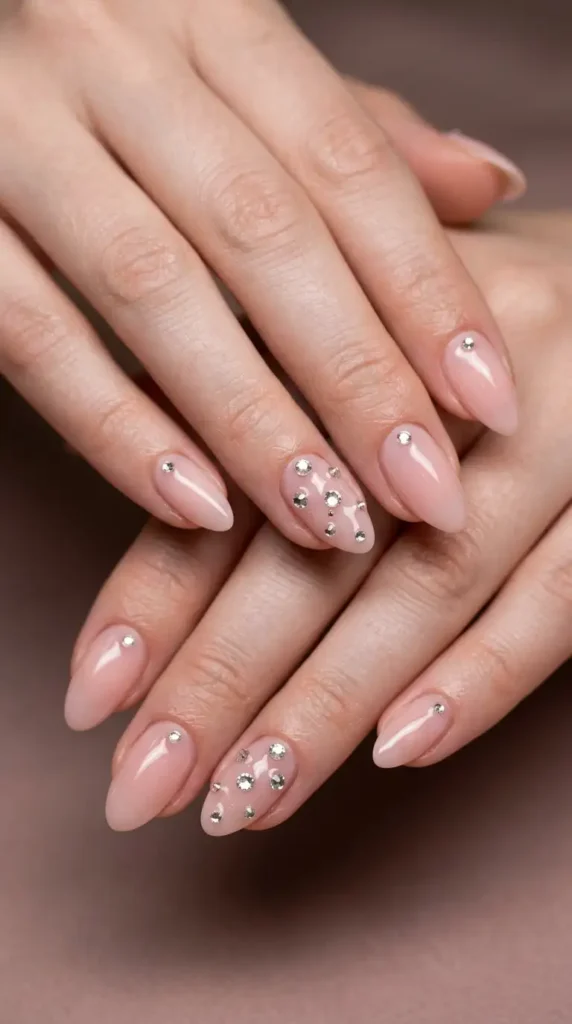 Sheer Blush Nails with Rhinestones
