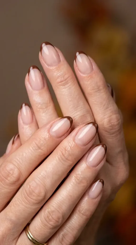 Sheer Milky Nude Oval Nails with Chocolate Tips