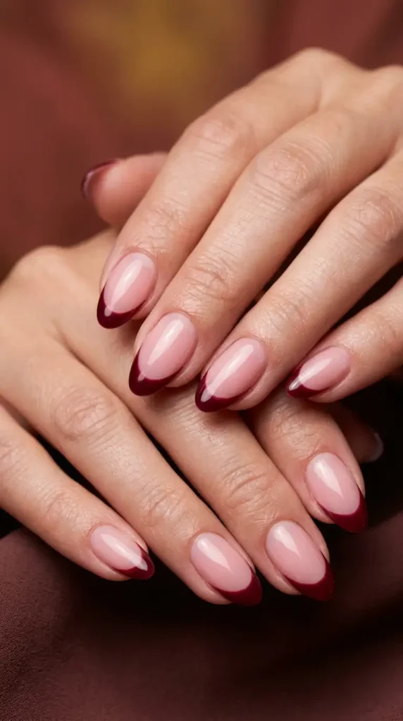 Sheer Pink Oval Nails with Burgundy Side French Tips