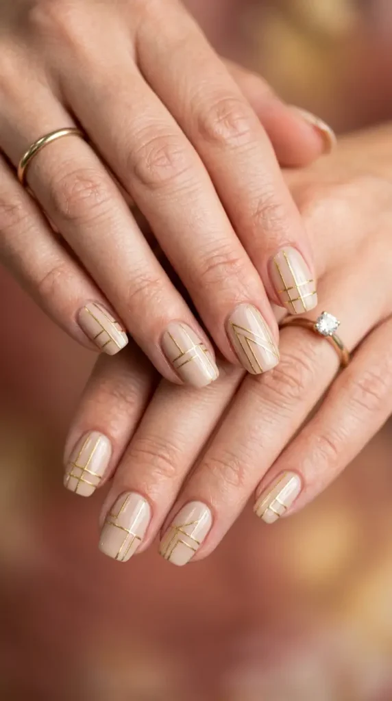 Soft Beige Nails with Gold Lines