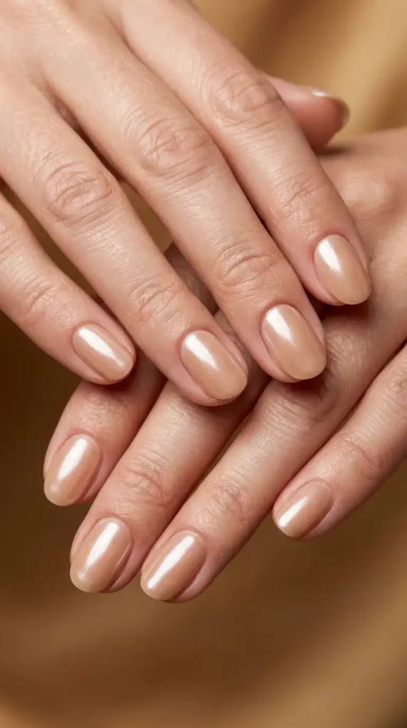Soft Caramel Pearl Chrome Nails