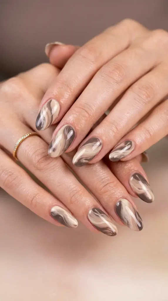 Taupe and Cream Swirl Nails