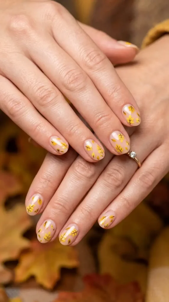 Tiny Fall Leaf Yellow Nails