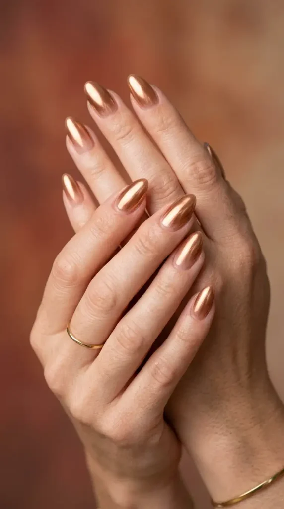 Warm Bronze Chrome on Nude Nails
