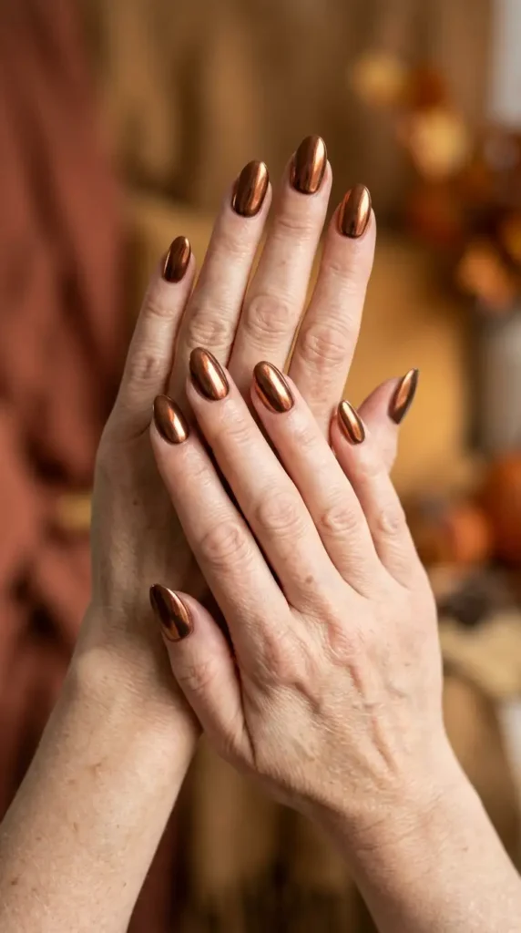 Warm Bronze Chrome Oval Nails
