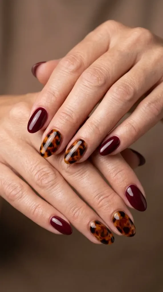 Wine Red and Tortoiseshell Mixed Oval Nails