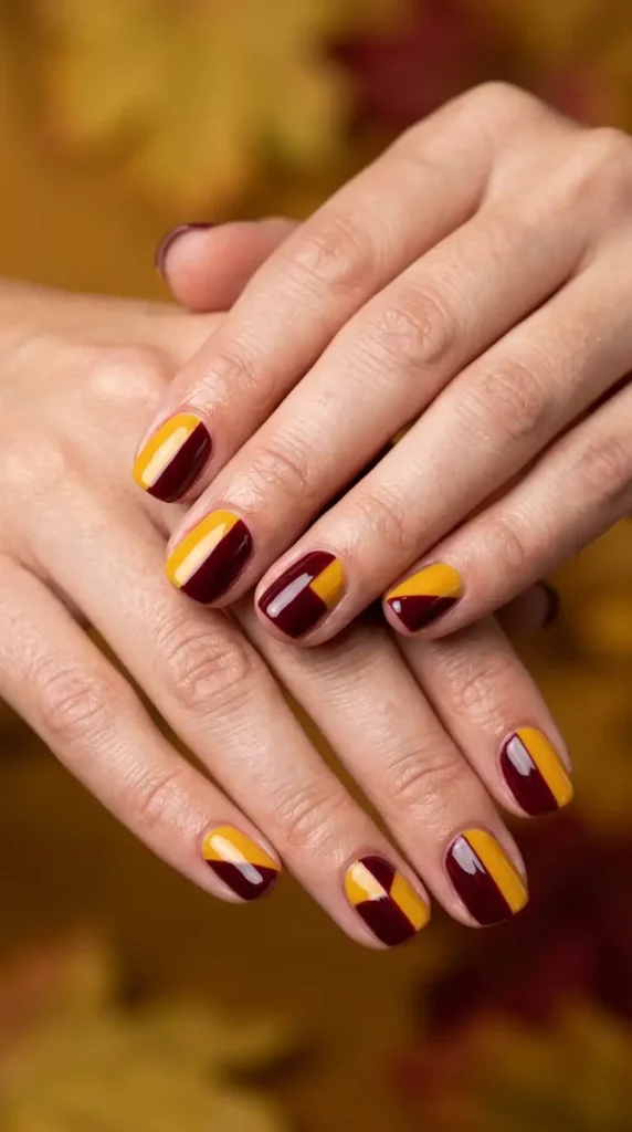 Yellow and Burgundy Color-Block Nails