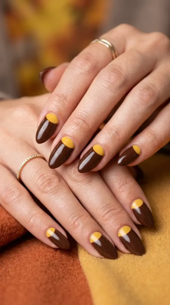 Yellow and Chocolate Half-Moon Nails