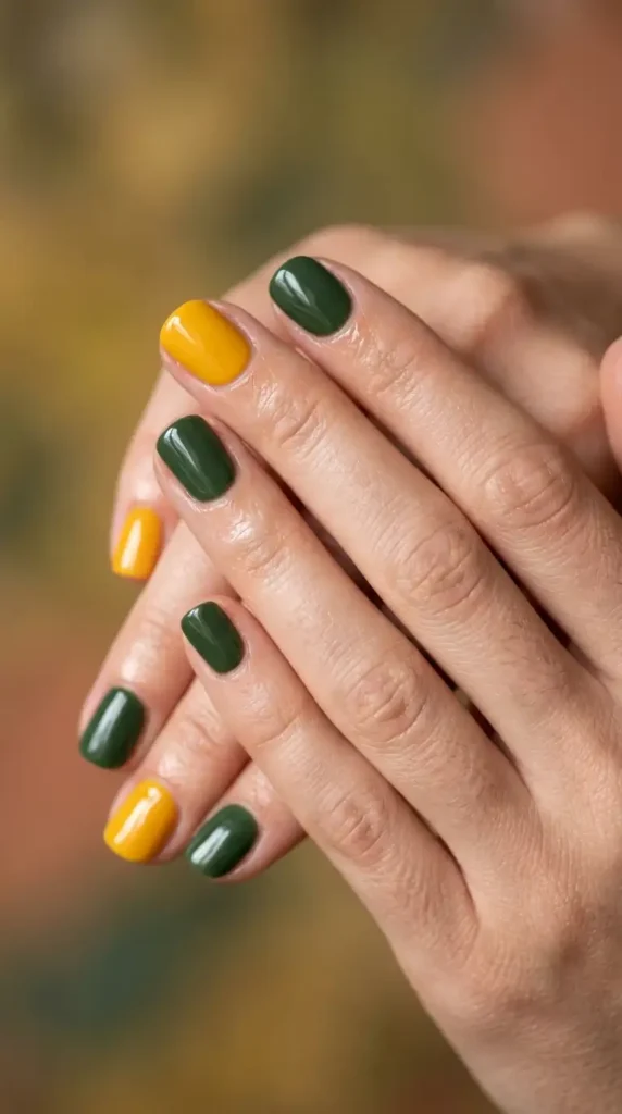 Yellow and Forest Green Fall Nails