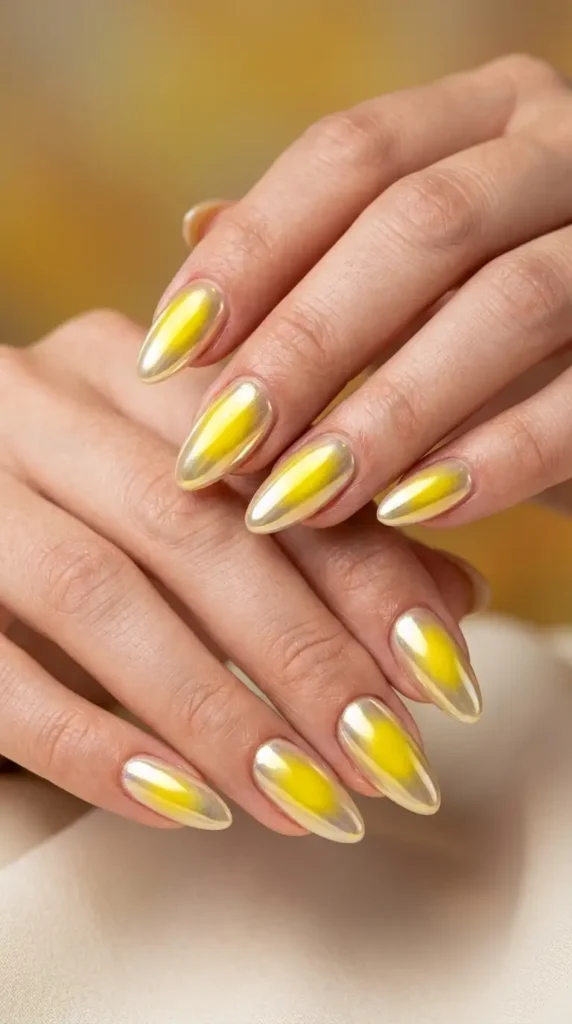 Yellow Chrome Aura Nails