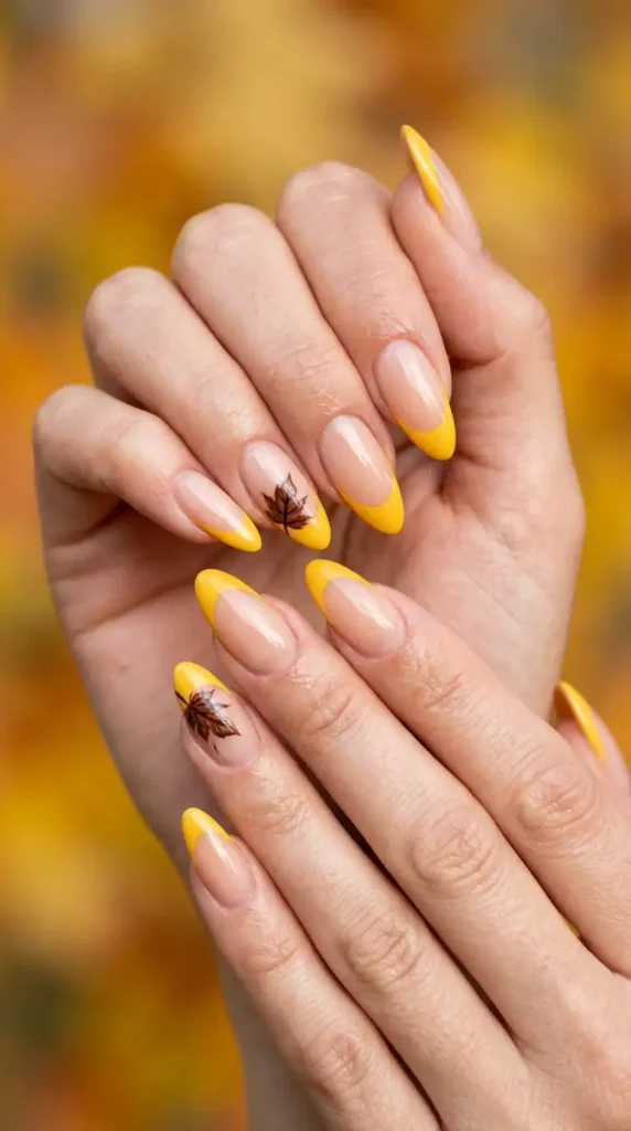 Yellow French Tips with Brown Leaf Accents