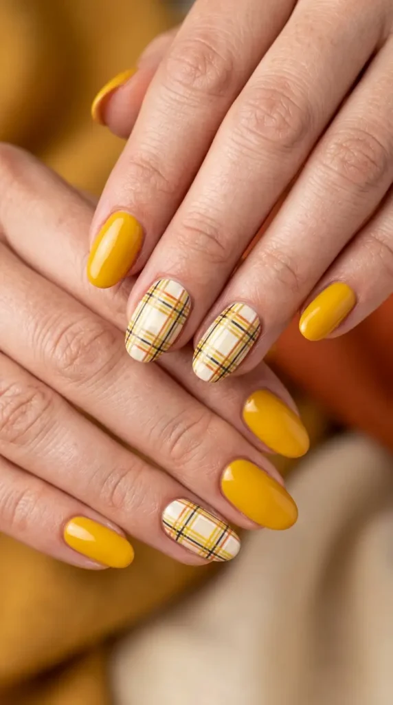 Yellow Plaid Accent Nails