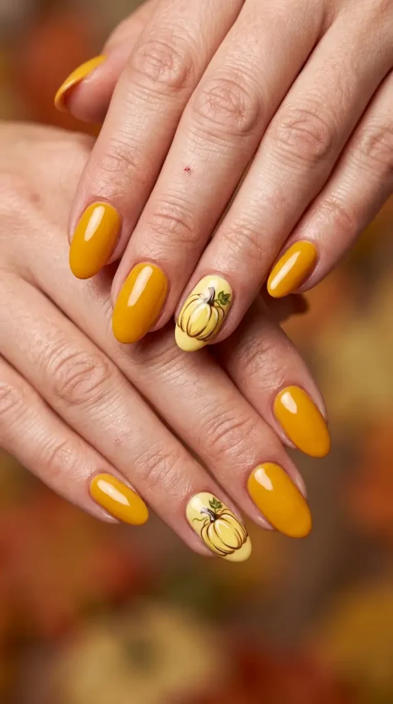 Yellow Pumpkin Accent Nails