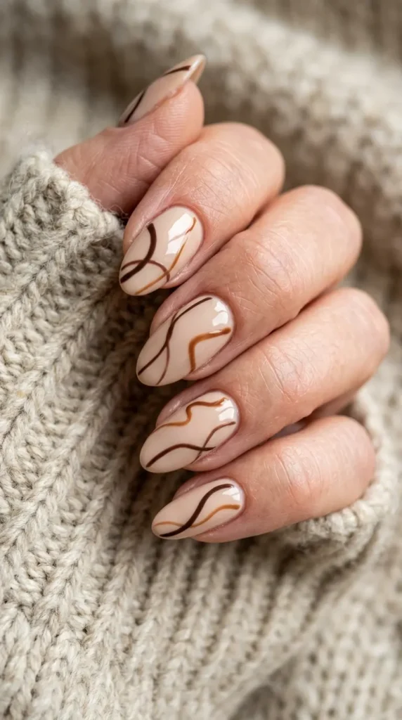 Brown Abstract Line Nail Art