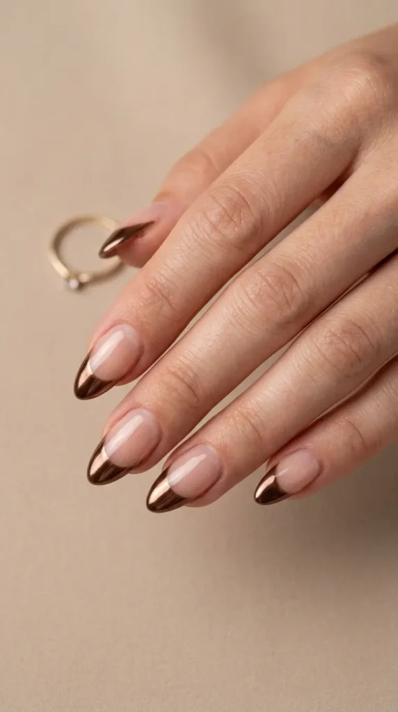 Brown Chrome French Almond Nails