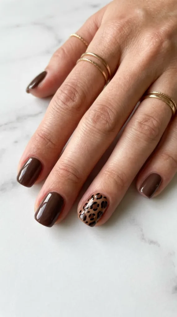 Brown Leopard Print Accent Nails