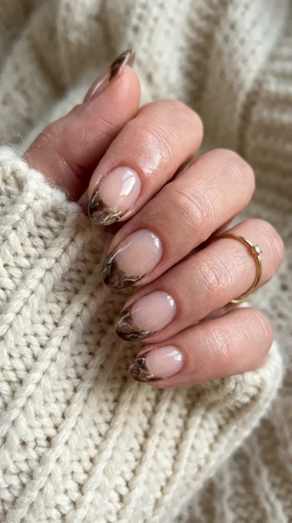 Brown Marble French Tip Nails