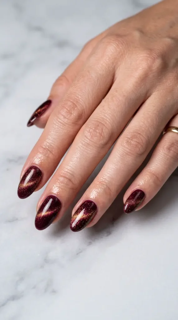 Burgundy Glitter Cat Eye Nails
