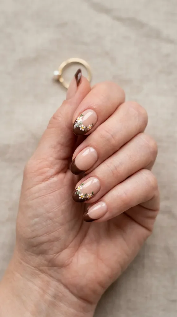 Chocolate Brown Floral French Tips