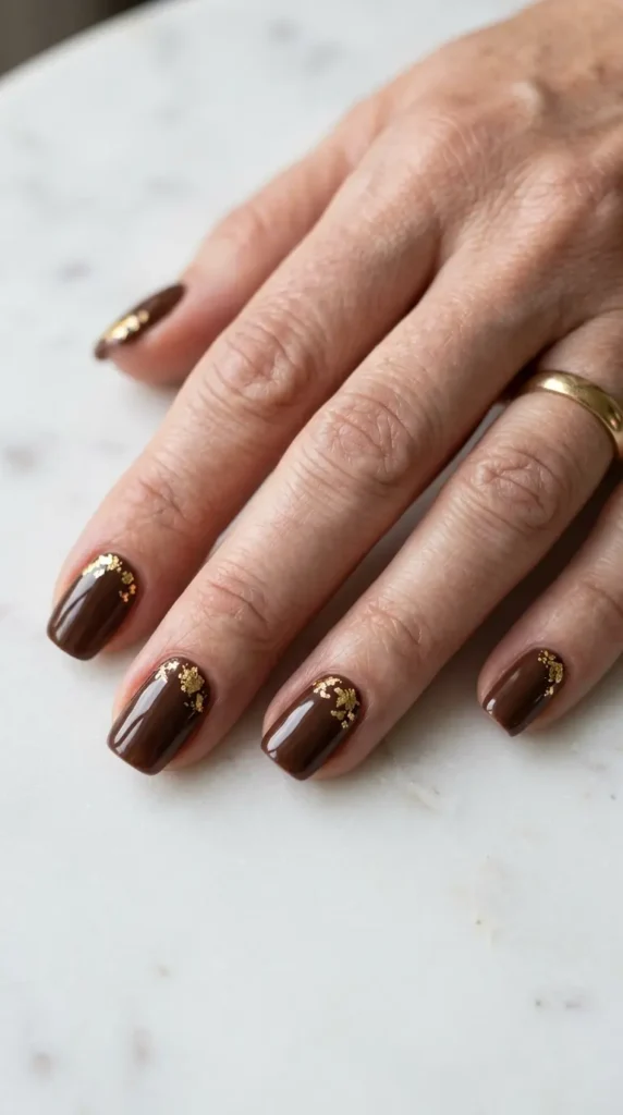 Chocolate Brown Nails With Gold Foil