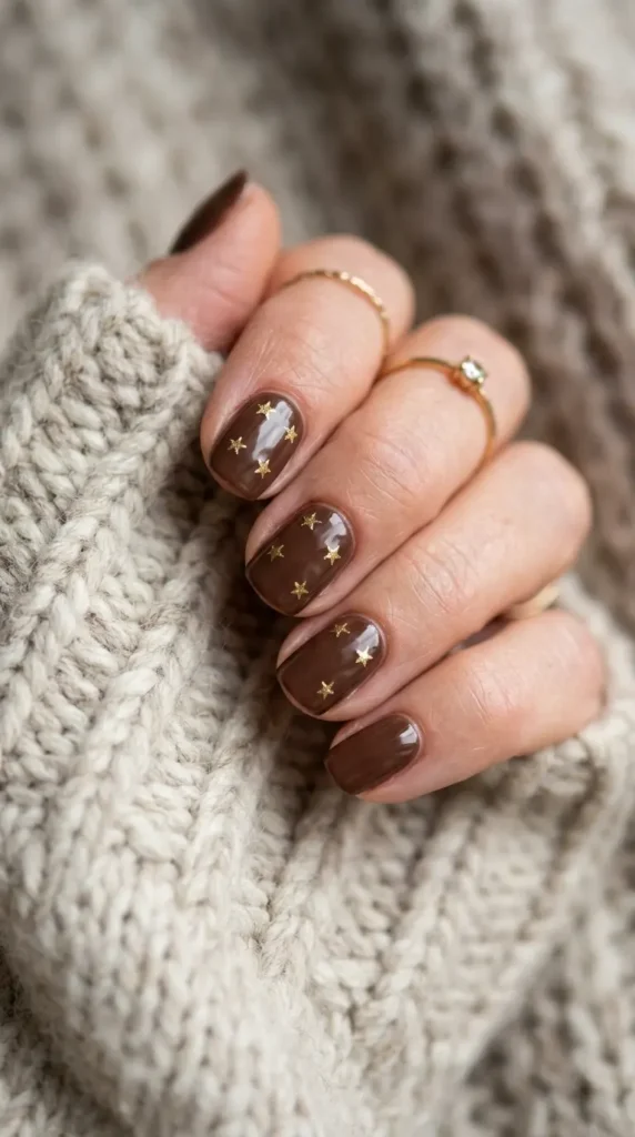 Chocolate Brown Nails With Gold Stars