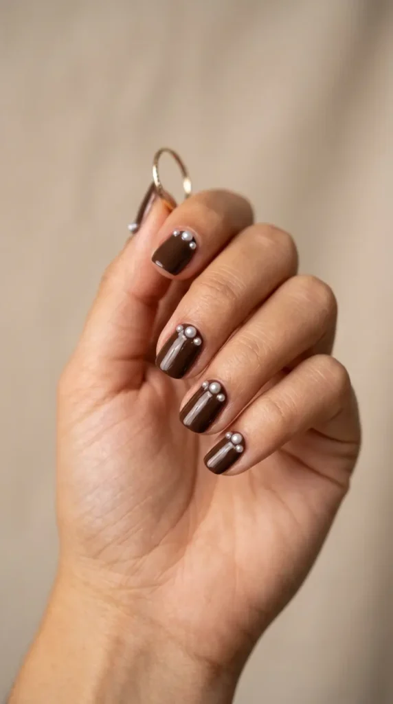 Chocolate Brown Nails With Pearls